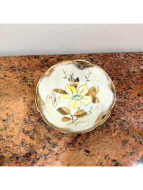 Vintage Gold Detailed Yellow Flower Poppy Hand-Painted Porcelain Dish Bowl